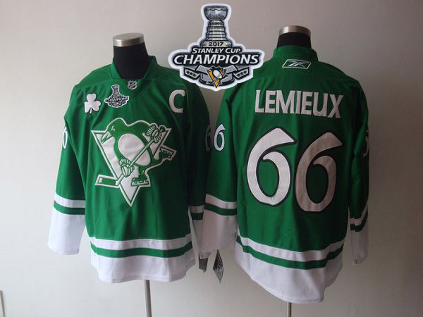 Penguins #66 Mario Lemieux Green St Patty's Day Stanley Cup Finals Champions Stitched NHL Jersey